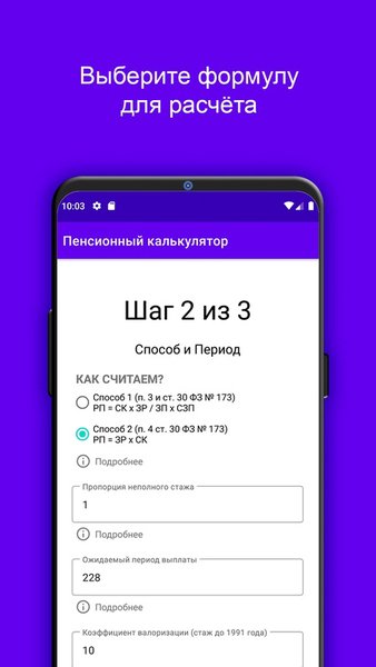 Пенсионный калькулятор РФ — Финансы, скриншот интерфейса 2