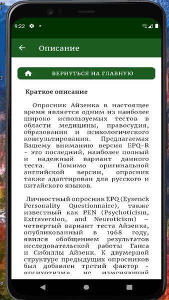 Опросник Айзенка (EPQ-R) — Медицина, скриншот интерфейса 4