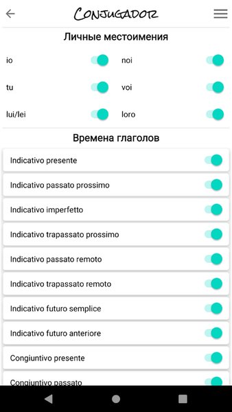 Italian verbs. Conjugador — Образование, скриншот интерфейса 3