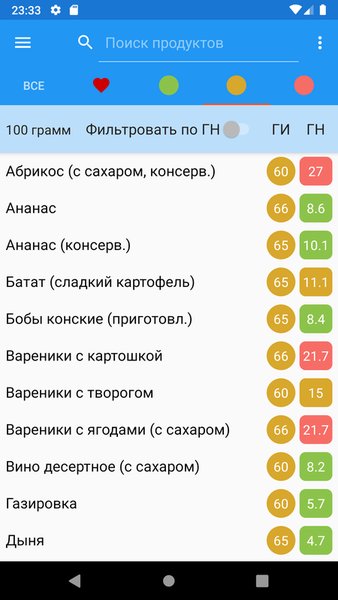Гликемический индекс, нагрузка — Еда и напитки, скриншот интерфейса 2