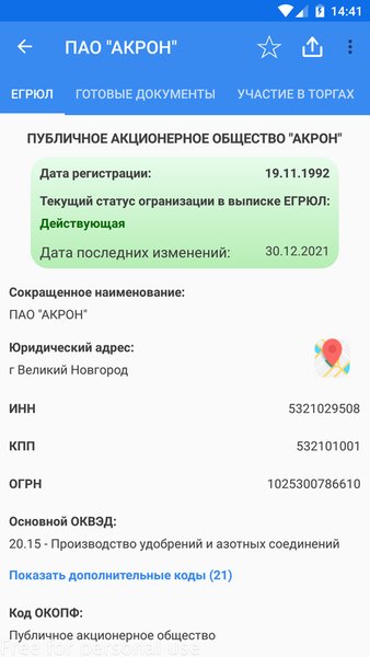 Сведения из ЕГРЮЛ/ЕГРИП — Бизнес, скриншот интерфейса 1