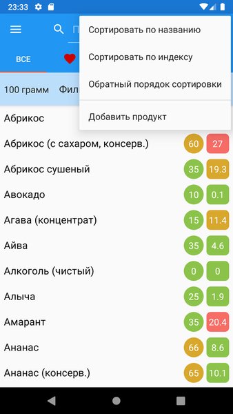 Гликемический индекс, нагрузка — Еда и напитки, скриншот интерфейса 3