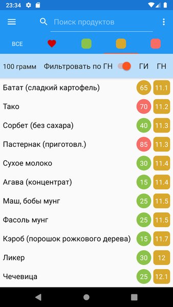 Гликемический индекс, нагрузка — Еда и напитки, скриншот интерфейса 5