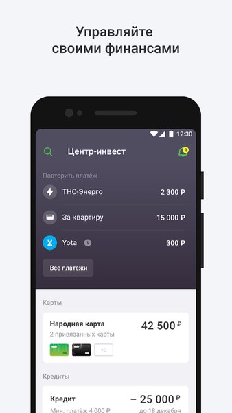 Мобильный банк Центр-инвест — Банки, скриншот интерфейса 1