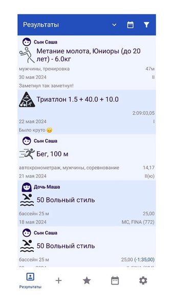 Мои результаты, Дневник спорта — Спорт, скриншот интерфейса 1