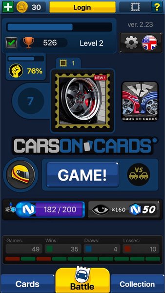 Cars on Cards — Викторины, скриншот интерфейса 1