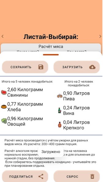 Калькулятор шашлыка и алкоголя — Еда и напитки, скриншот интерфейса 3