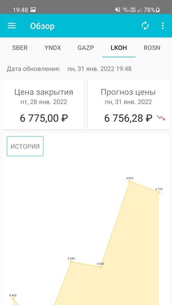 Предсказатель курса акций — Финансы, скриншот интерфейса 2