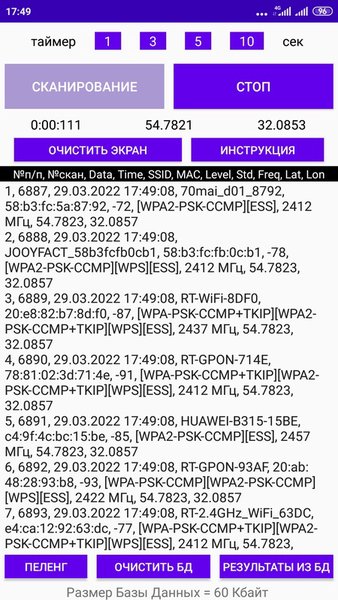 WiFi scanner — Связь, скриншот интерфейса 1
